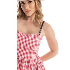 Vestido Feminino Zenz Western Jam Longo Xadrez Vermelho E Branco Com Alças De Couro C/ Fivelas Ref:ZW0325037-1586