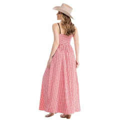 Vestido Feminino Zenz Western Jam Longo Xadrez Vermelho E Branco Com Alças De Couro C/ Fivelas Ref:ZW0325037-1586