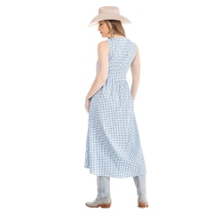 Vestido Feminino Zenz Western Jasmini Longo S/ Manga C/ Botões Xadrez Azul E Branco C/ Bordado Branco Ref:ZW0325035-1585