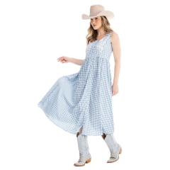 Vestido Feminino Zenz Western Jasmini Longo S/ Manga C/ Botões Xadrez Azul E Branco C/ Bordado Branco Ref:ZW0325035-1585