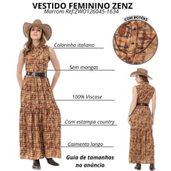 Vestido Feminino Zenz Western Longo Forest Marrom Laranja Sem Mangas Botões Ref:ZWO126045-1634