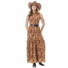 Vestido Feminino Zenz Western Longo Forest Marrom Laranja Sem Mangas Botões Ref:ZWO126045-1634