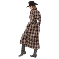 Vestido Feminino Zenz Western Longo Fox Tecido Xadrez Marrom E Bege Estilo Camisa Manga Longa Ref:ZWO126051-1659