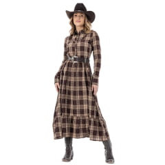 Vestido Feminino Zenz Western Longo Fox Tecido Xadrez Marrom E Bege Estilo Camisa Manga Longa Ref:ZWO126051-1659