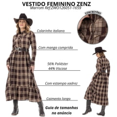 Vestido Feminino Zenz Western Longo Fox Tecido Xadrez Marrom E Bege Estilo Camisa Manga Longa Ref:ZWO126051-1659