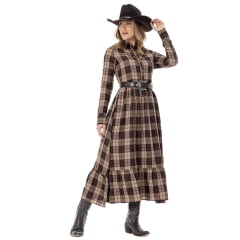 Vestido Feminino Zenz Western Longo Fox Tecido Xadrez Marrom E Bege Estilo Camisa Manga Longa Ref:ZWO126051-1659