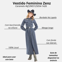 Vestido Feminino Zenz Western Mahala Longo Xadrez Azul Bordado Na Lapela Manga Longa Ref:ZW0125046-1412