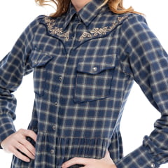Vestido Feminino Zenz Western Mahala Longo Xadrez Azul Bordado Na Lapela Manga Longa Ref:ZW0125046-1412