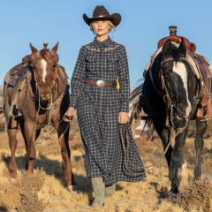 Vestido Feminino Zenz Western Mahala Longo Xadrez Azul Bordado Na Lapela Manga Longa Ref:ZW0125046-1412
