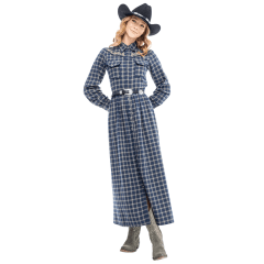 Vestido Feminino Zenz Western Mahala Longo Xadrez Azul Bordado Na Lapela Manga Longa Ref:ZW0125046-1412