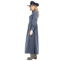 Vestido Feminino Zenz Western Mahala Longo Xadrez Azul Bordado Na Lapela Manga Longa Ref:ZW0125046-1412