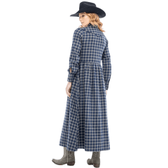 Vestido Feminino Zenz Western Mahala Longo Xadrez Azul Bordado Na Lapela Manga Longa Ref:ZW0125046-1412
