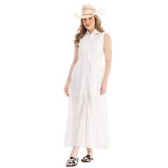 Vestido Feminino Zenz Western Merino Longo Branco S/ Manga Estilo Camisa Com Detalhe Gola C/ Botões Ref:ZW0325038-1569