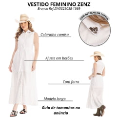 Vestido Feminino Zenz Western Merino Longo Branco S/ Manga Estilo Camisa Com Detalhe Gola C/ Botões Ref:ZW0325038-1569