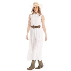 Vestido Feminino Zenz Western Merino Longo Branco S/ Manga Estilo Camisa Com Detalhe Gola C/ Botões Ref:ZW0325038-1569