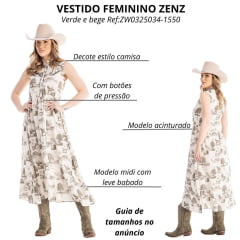 Vestido Feminino Zenz Western Midi Land Estampado Verde E Bege Longo S/ Manga C/ Botões Ref:ZW0325034-1550