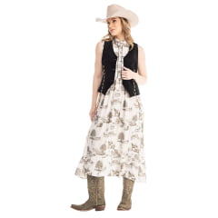 Vestido Feminino Zenz Western Midi Land Estampado Verde E Bege Longo S/ Manga C/ Botões Ref:ZW0325034-1550