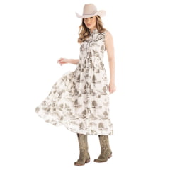 Vestido Feminino Zenz Western Midi Land Estampado Verde E Bege Longo S/ Manga C/ Botões Ref:ZW0325034-1550