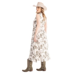 Vestido Feminino Zenz Western Midi Land Estampado Verde E Bege Longo S/ Manga C/ Botões Ref:ZW0325034-1550