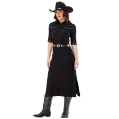 Vestido Feminino Zenz Sheriff Preto Midi Manga Curta Detalhes Bordados Ref: ZW0225053