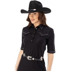 Vestido Feminino Zenz Sheriff Preto Midi Manga Curta Detalhes Bordados Ref: ZW0225053