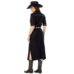 Vestido Feminino Zenz Sheriff Preto Midi Manga Curta Detalhes Bordados Ref: ZW0225053