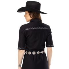 Vestido Feminino Zenz Sheriff Preto Midi Manga Curta Detalhes Bordados Ref: ZW0225053
