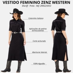 Vestido Feminino Zenz Sheriff Preto Midi Manga Curta Detalhes Bordados Ref: ZW0225053