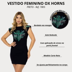 Vestido Ox Horns Preto Manga Curta Com Silk Verde E Brilho R.7805